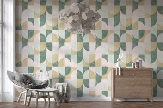 Carta da parati con motivi geometrici dipinti a mano, effetto piastrellato e texture, splendidamente armoniosa⁠