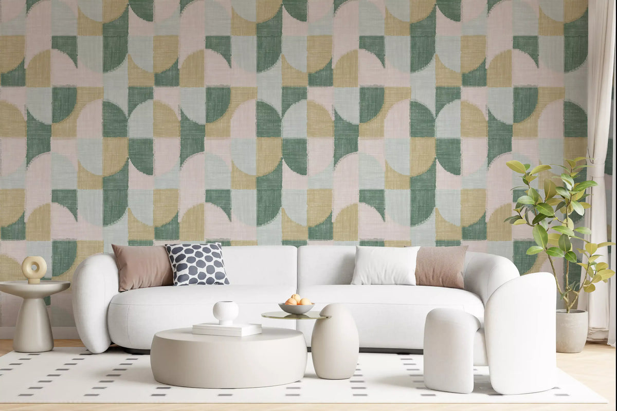 Carta da parati con motivi geometrici dipinti a mano, effetto piastrellato e texture, splendidamente armoniosa⁠