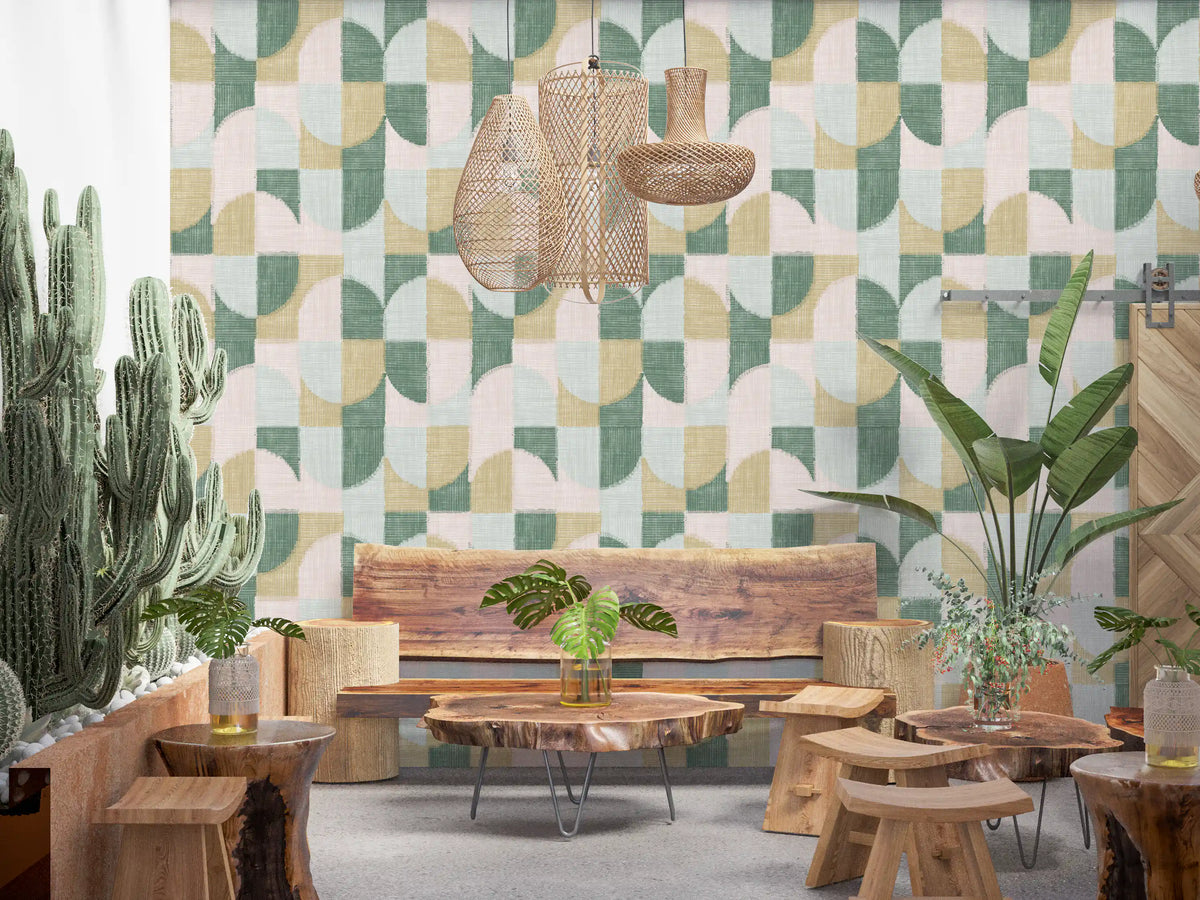 Carta da parati con motivi geometrici dipinti a mano, effetto piastrellato e texture, splendidamente armoniosa⁠
