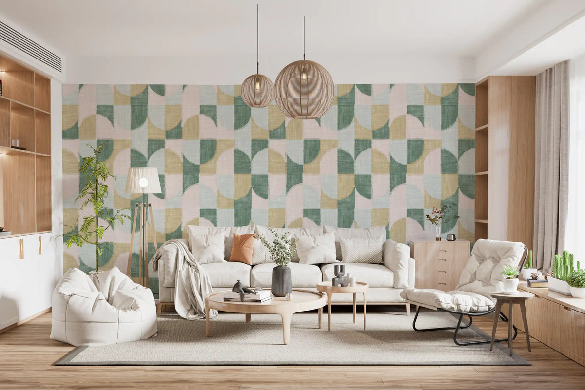 Carta da parati con motivi geometrici dipinti a mano, effetto piastrellato e texture, splendidamente armoniosa⁠