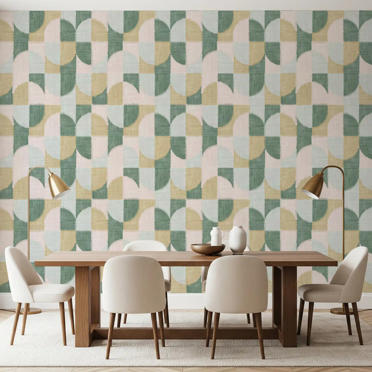 Carta da parati con motivi geometrici dipinti a mano, effetto piastrellato e texture, splendidamente armoniosa⁠