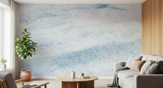 Papier peint panoramique mural aspect dalle de marbre veiné azur