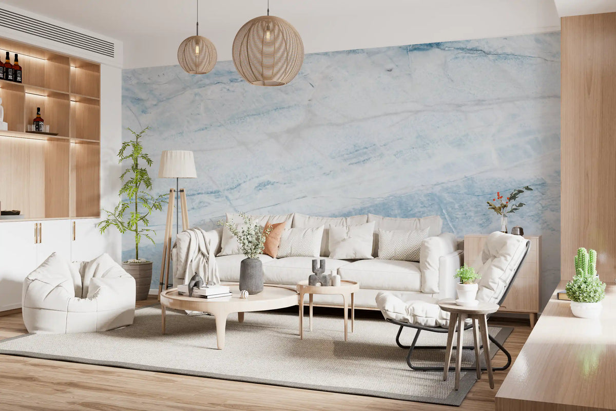 Papier peint panoramique mural aspect dalle de marbre veiné azur
