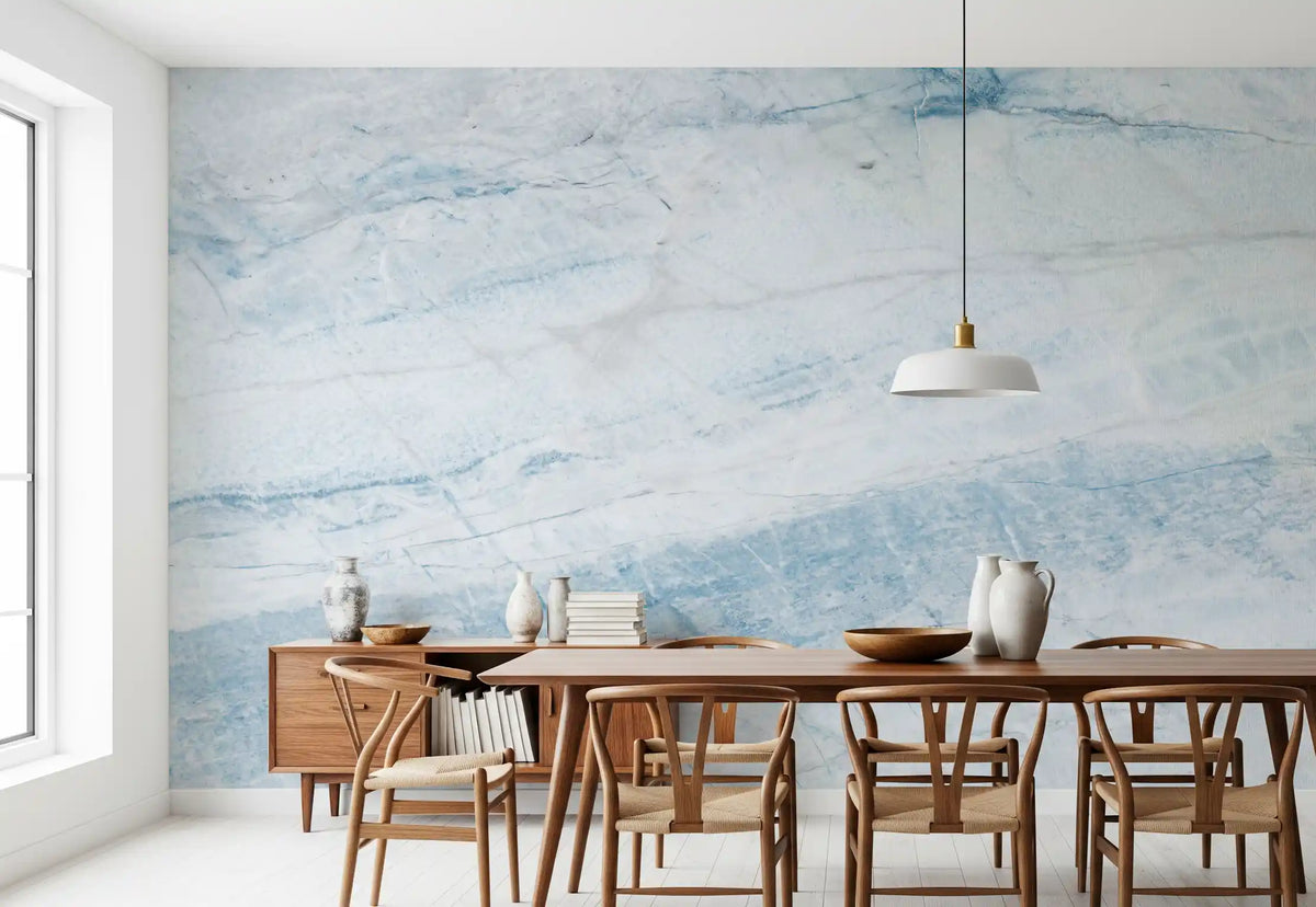 Papier peint panoramique mural aspect dalle de marbre veiné azur