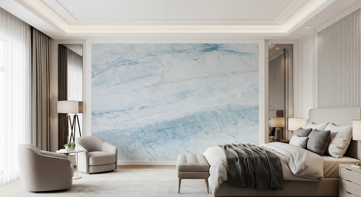 Papier peint panoramique mural aspect dalle de marbre veiné azur
