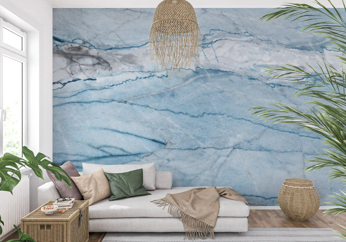 Papier peint panoramique effet pierre veinée bleu azur éthéré