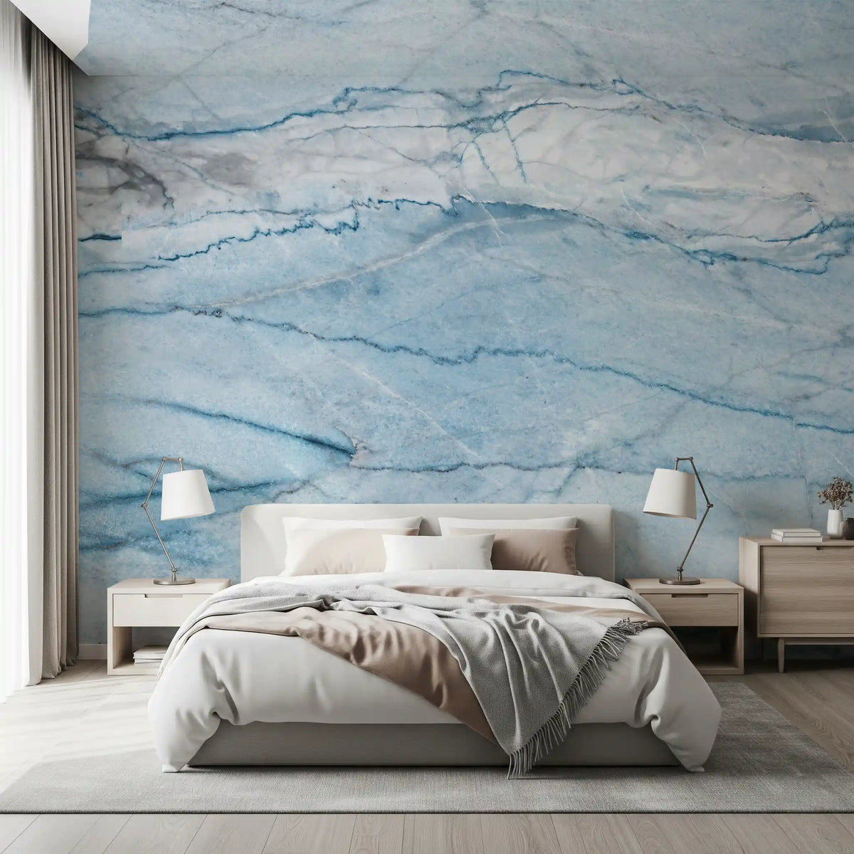 Papier peint panoramique effet pierre veinée bleu azur éthéré