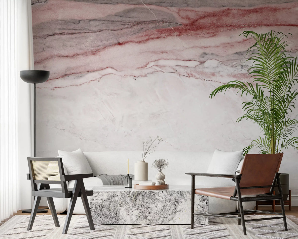 Papier peint panoramique en marbre veiné rose quartz
