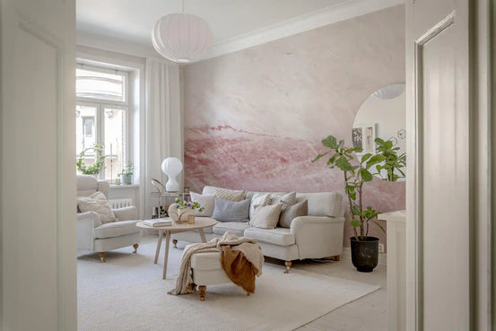Papier peint panoramique motif veines de marbre rose quartz