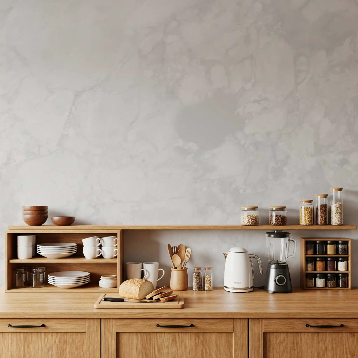 Wandvullende muurschildering met minimalistische witte marmertextuur