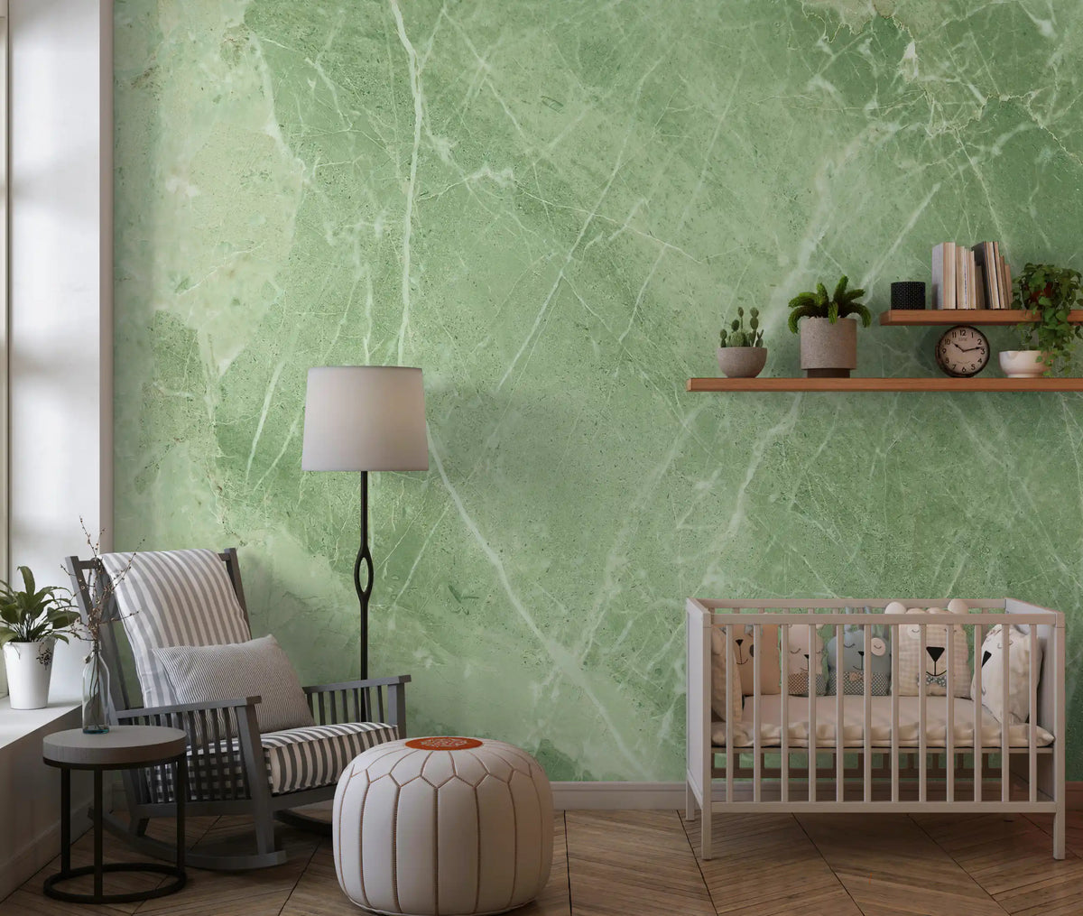 Papier peint panoramique effet pierre de marbre veiné vert sauge