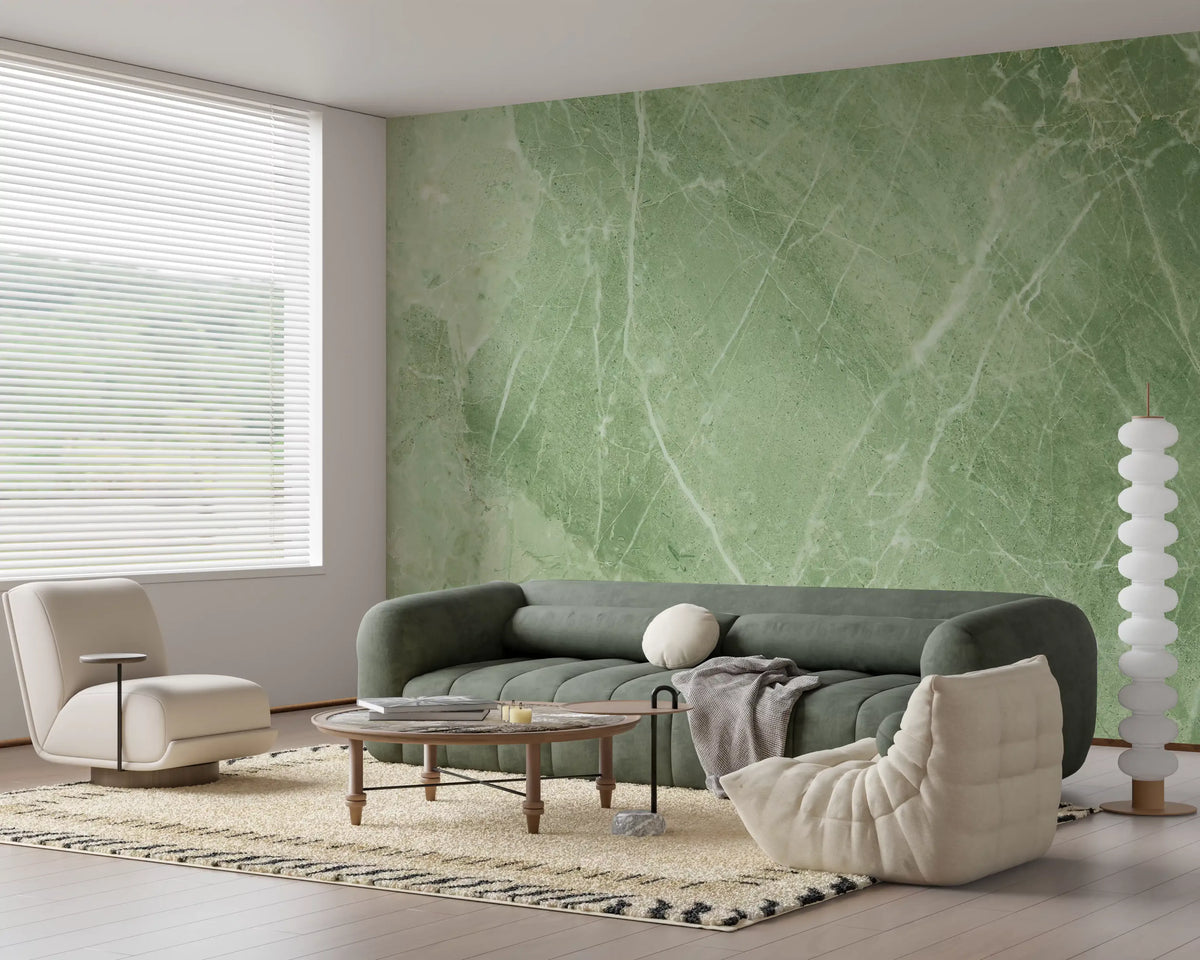 Papier peint panoramique effet pierre de marbre veiné vert sauge