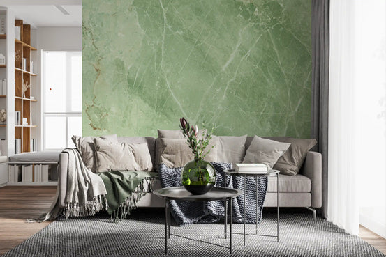 Papier peint panoramique effet pierre de marbre veiné vert sauge