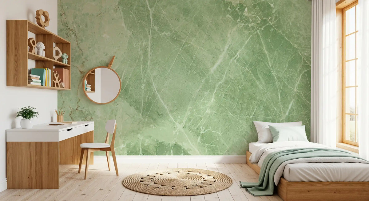 Papier peint panoramique effet pierre de marbre veiné vert sauge