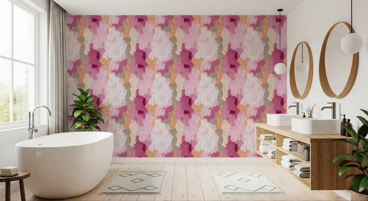 Papel pintado contemporáneo con capas de pintura en tonos rosa empolvado y rosa