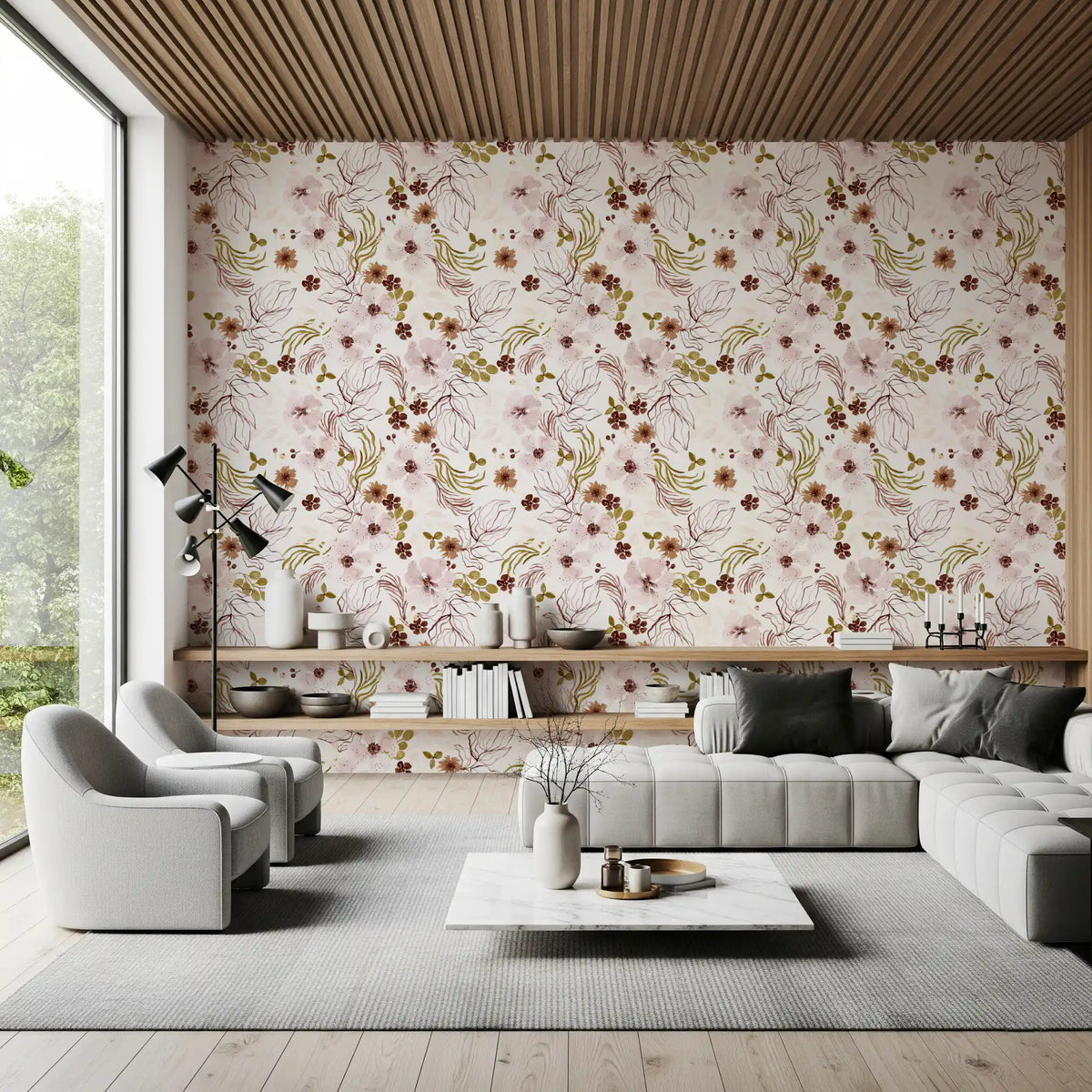 Papier peint à motif aquarelle de jardin rustique rose