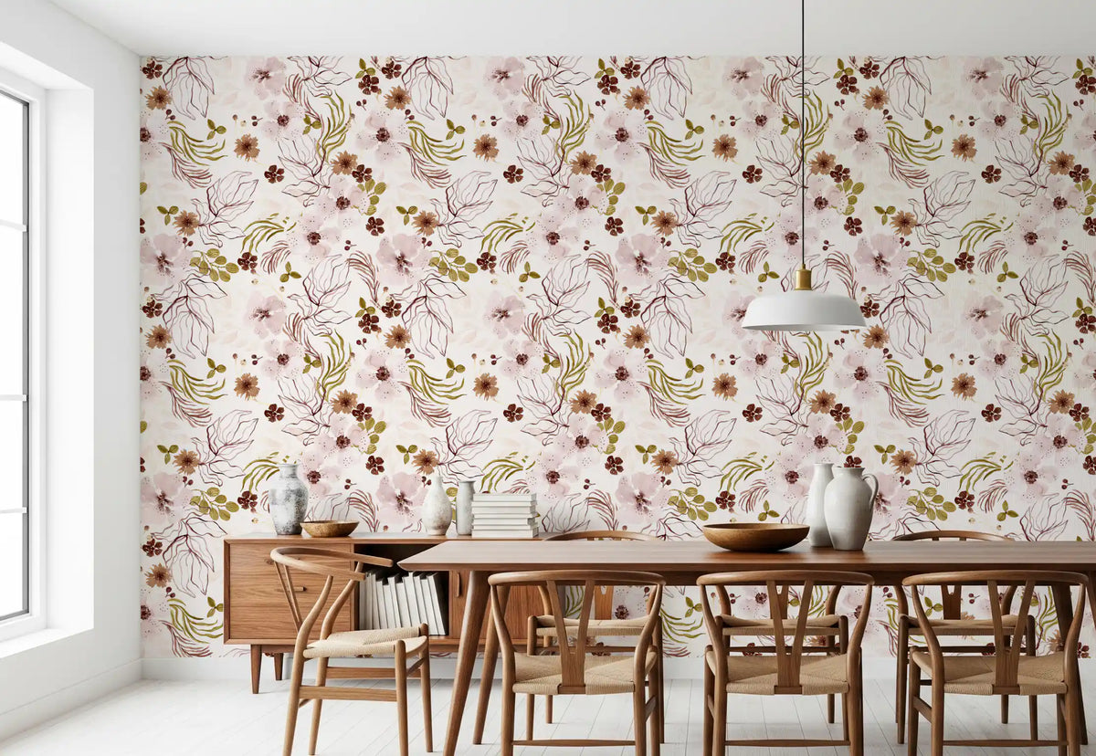 Papier peint à motif aquarelle de jardin rustique rose