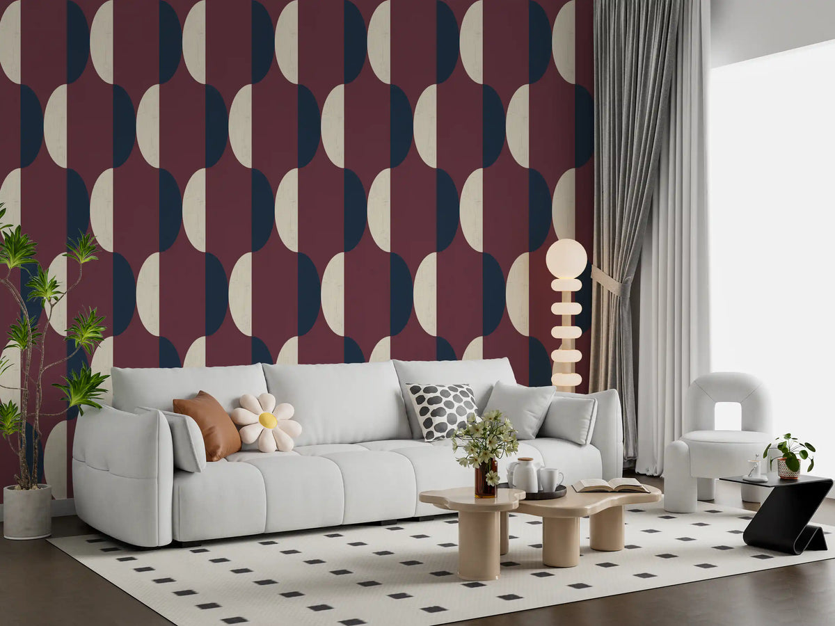 Mid Century Oval Wallpaper Burgundy Navy Wallpaper⁠