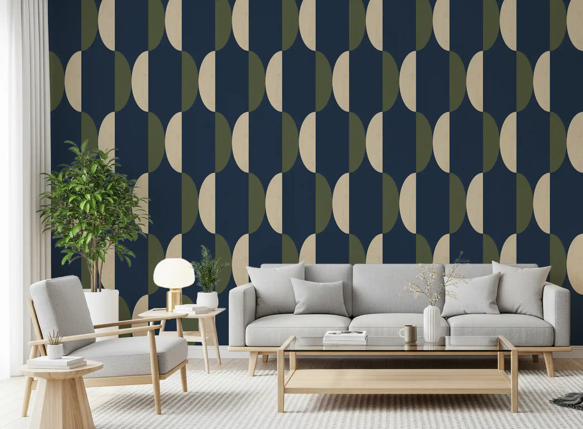 Papier peint ovale mi-siècle bleu marine et olive