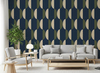Papier peint ovale mi-siècle bleu marine et olive