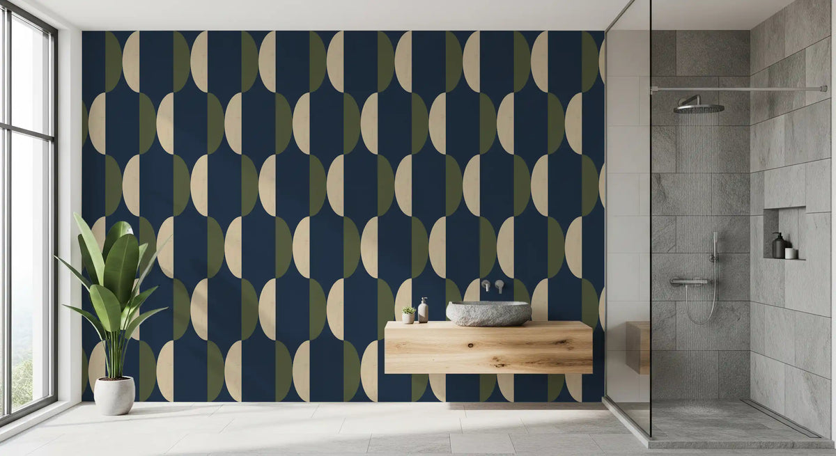 Papier peint ovale mi-siècle bleu marine et olive