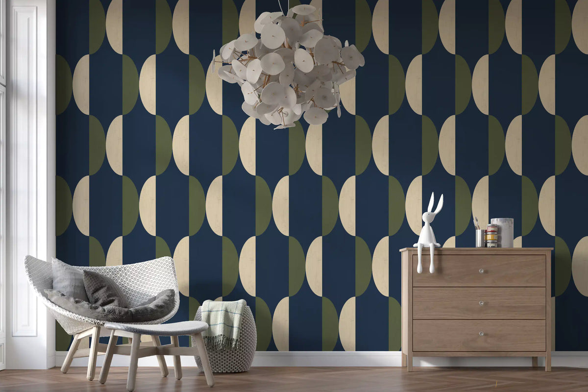 Papier peint ovale mi-siècle bleu marine et olive