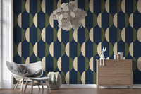 Papier peint ovale mi-siècle bleu marine et olive