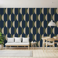 Papier peint ovale mi-siècle bleu marine et olive