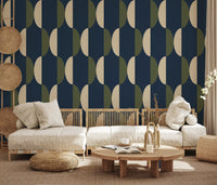 Papier peint ovale mi-siècle bleu marine et olive
