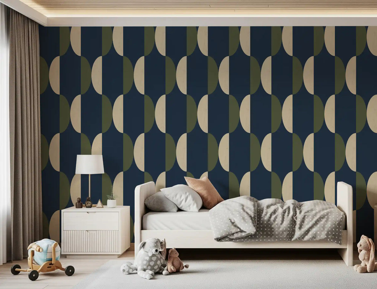 Papier peint ovale mi-siècle bleu marine et olive
