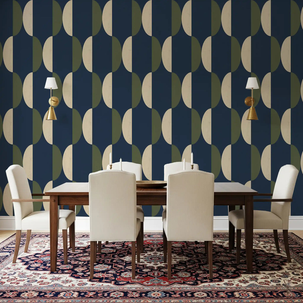 Papier peint ovale mi-siècle bleu marine et olive