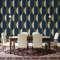 Papier peint ovale mi-siècle bleu marine et olive