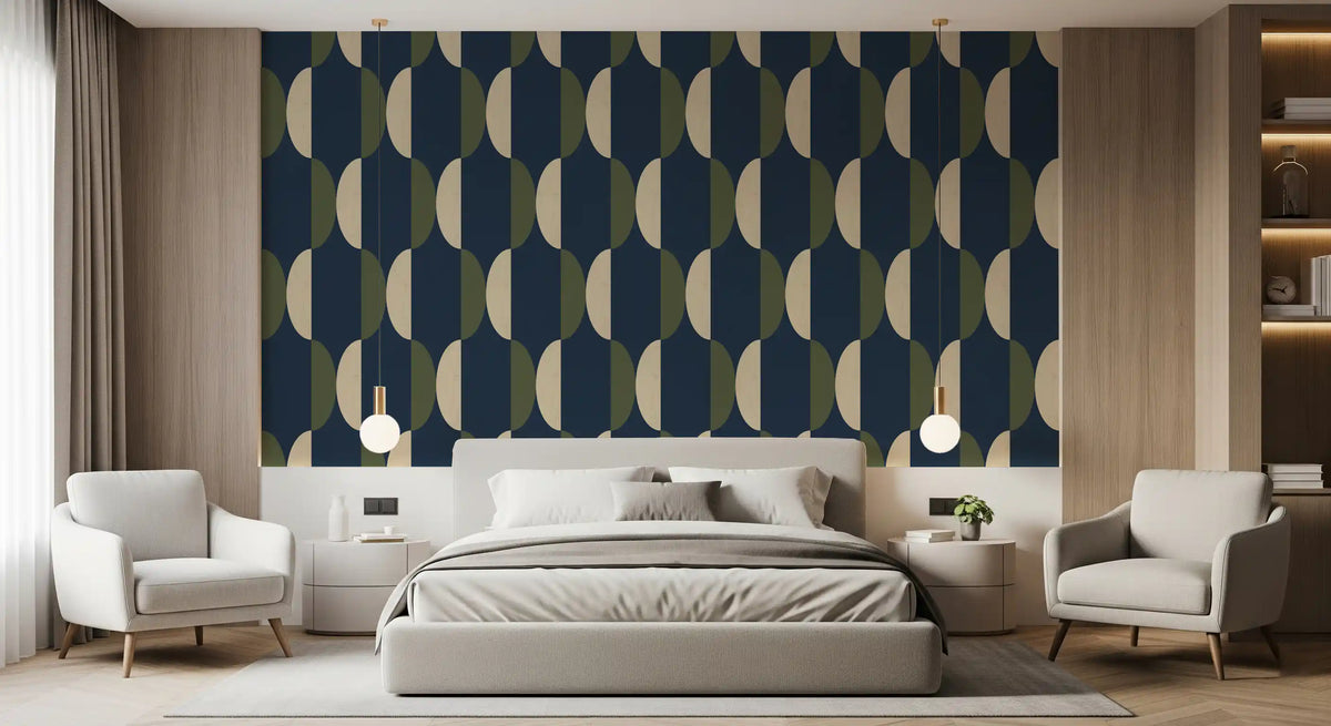 Papier peint ovale mi-siècle bleu marine et olive