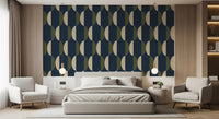 Papier peint ovale mi-siècle bleu marine et olive