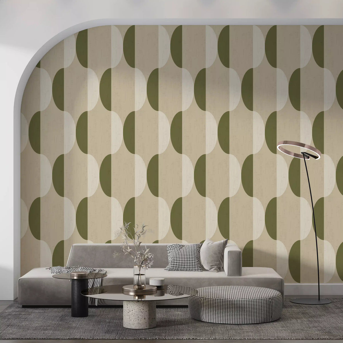 Carta da parati ovale Mid Century color crema e verde oliva⁠