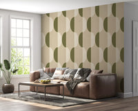 Carta da parati ovale Mid Century color crema e verde oliva⁠