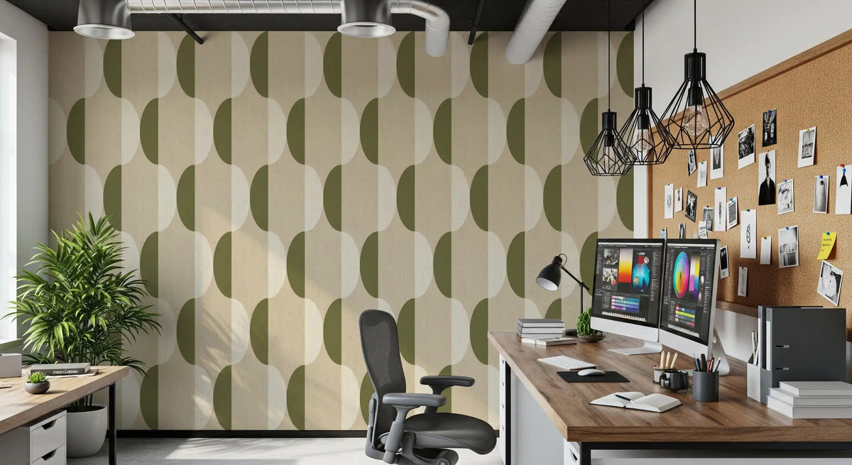 Carta da parati ovale Mid Century color crema e verde oliva⁠