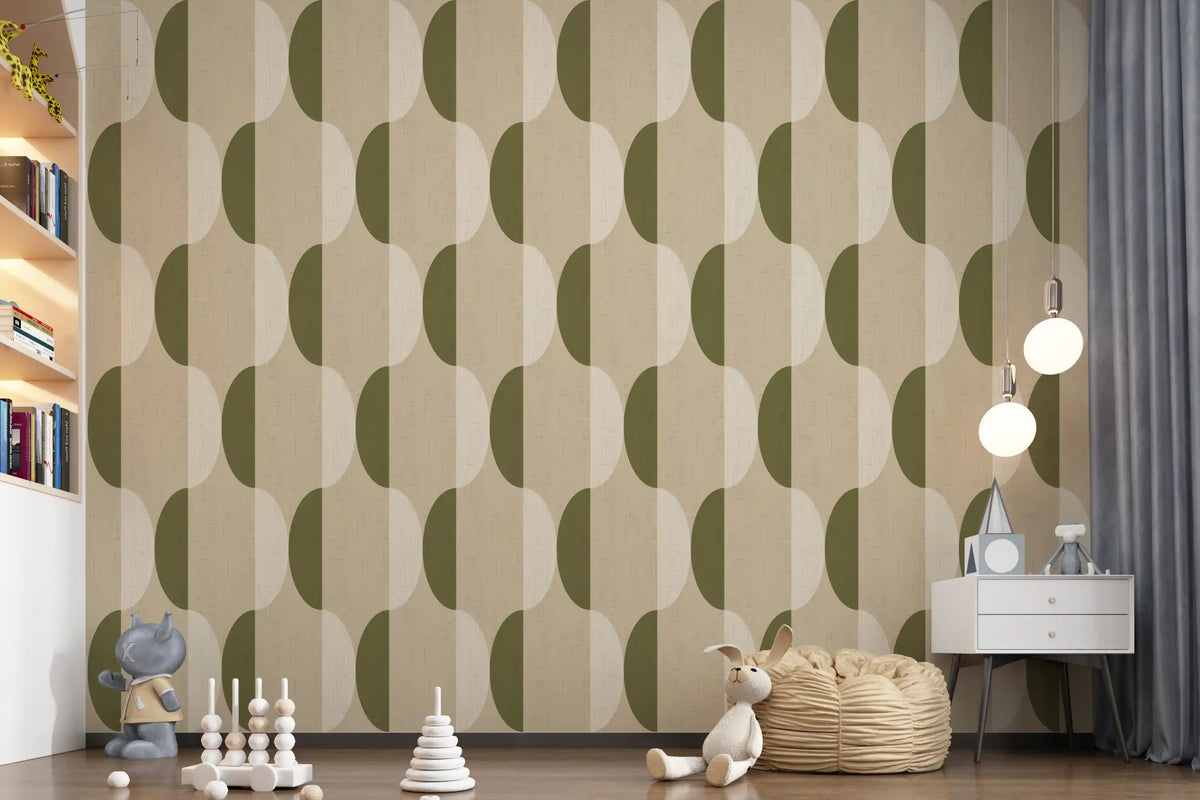 Carta da parati ovale Mid Century color crema e verde oliva⁠
