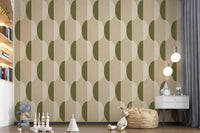 Carta da parati ovale Mid Century color crema e verde oliva⁠