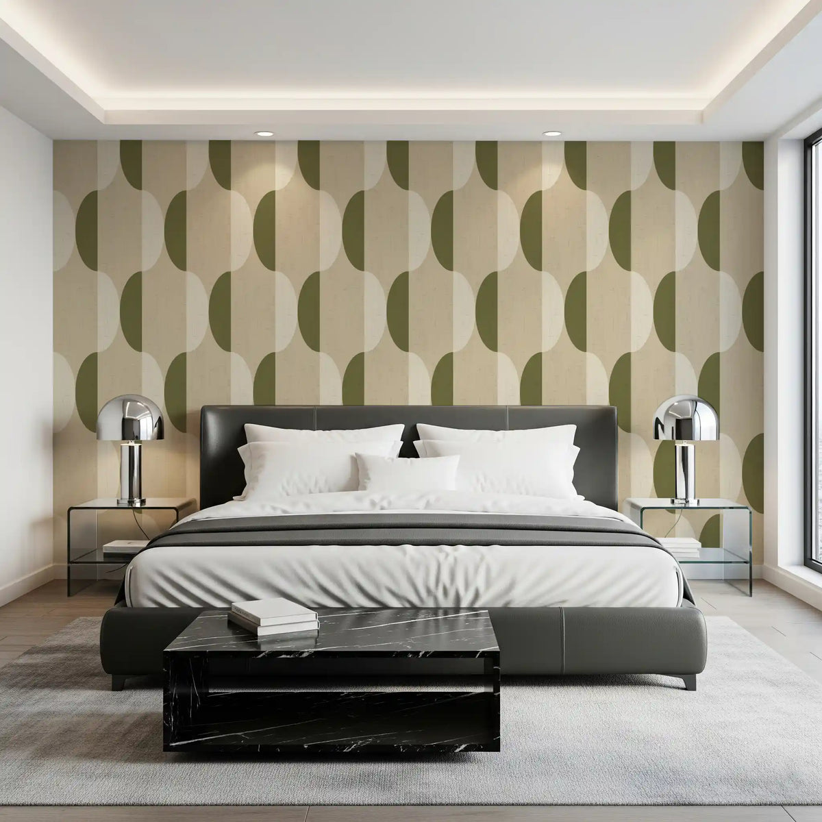 Carta da parati ovale Mid Century color crema e verde oliva⁠