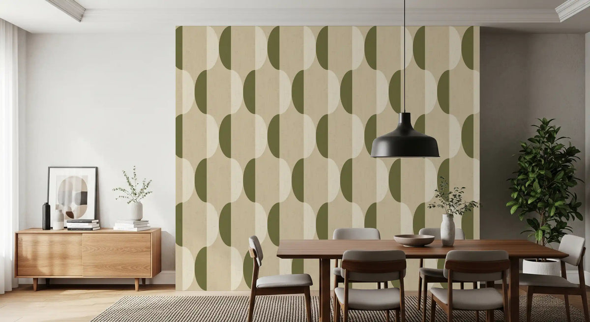 Carta da parati ovale Mid Century color crema e verde oliva⁠