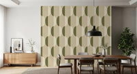 Carta da parati ovale Mid Century color crema e verde oliva⁠