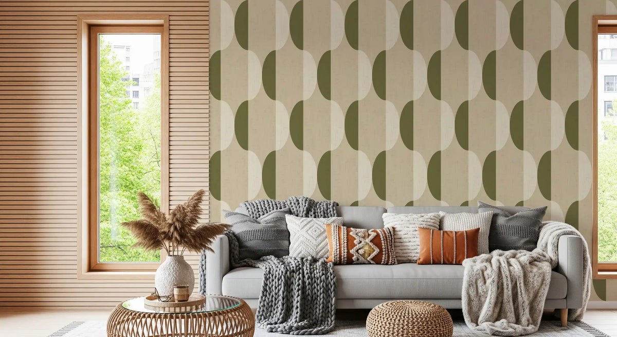 Carta da parati ovale Mid Century color crema e verde oliva⁠