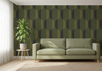 Tapete mit ovalen Motiven im Mid-Century-Stil, olivgrün und moosgrün⁠