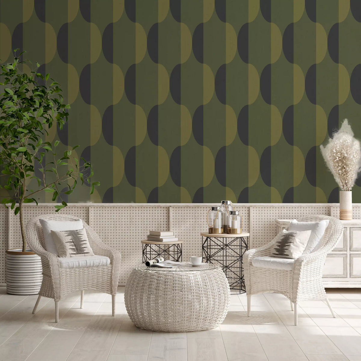 Tapete mit ovalen Motiven im Mid-Century-Stil, olivgrün und moosgrün⁠