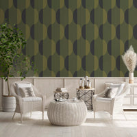 Tapete mit ovalen Motiven im Mid-Century-Stil, olivgrün und moosgrün⁠
