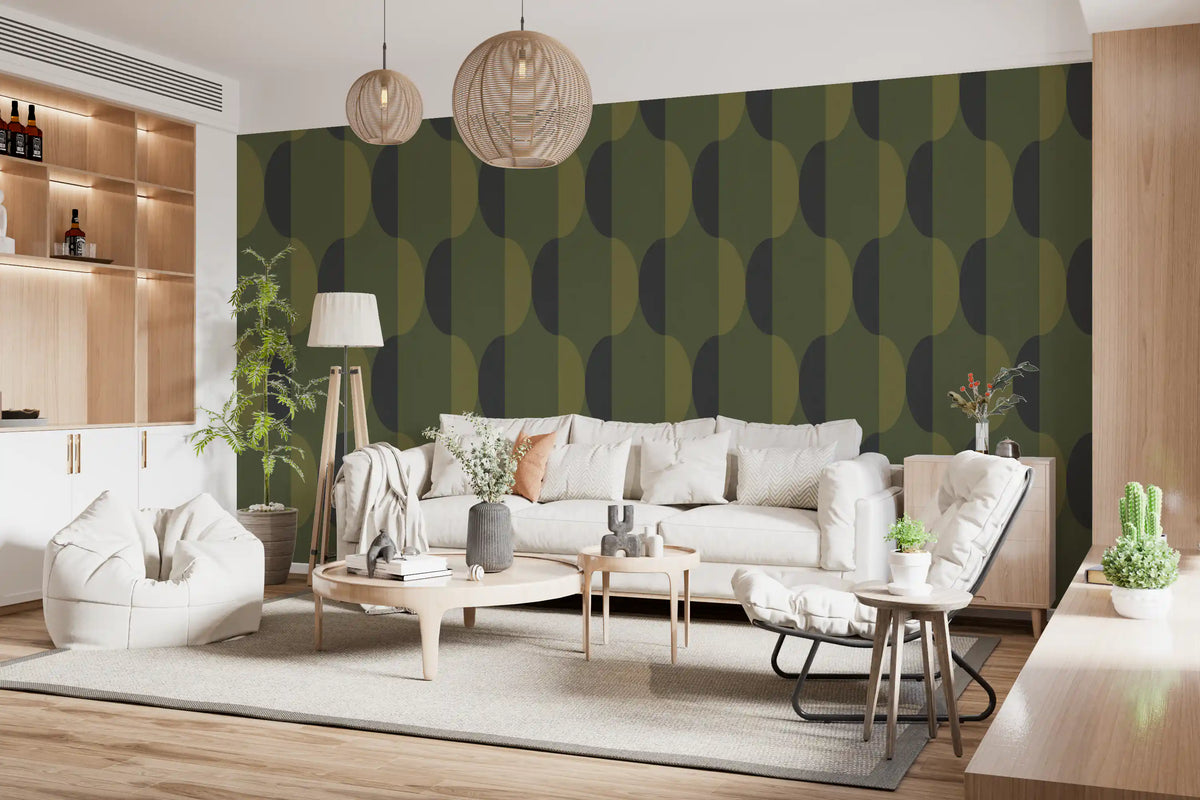 Tapete mit ovalen Motiven im Mid-Century-Stil, olivgrün und moosgrün⁠