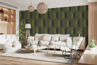 Tapete mit ovalen Motiven im Mid-Century-Stil, olivgrün und moosgrün⁠