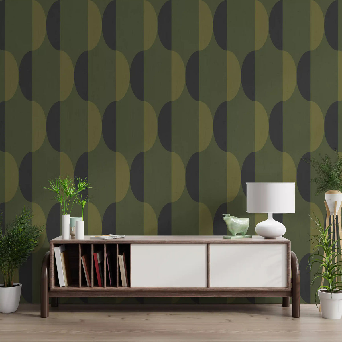 Tapete mit ovalen Motiven im Mid-Century-Stil, olivgrün und moosgrün⁠
