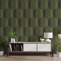 Tapete mit ovalen Motiven im Mid-Century-Stil, olivgrün und moosgrün⁠